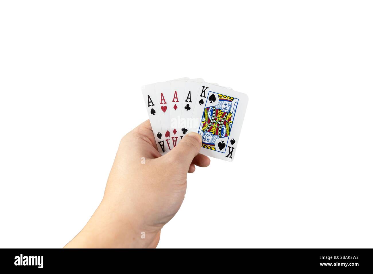 POV-Ansicht eines Mannes, der Spielkarten in seinen Händen hält, isoliert auf weißem Hintergrund. Spielkonzept. Stockfoto