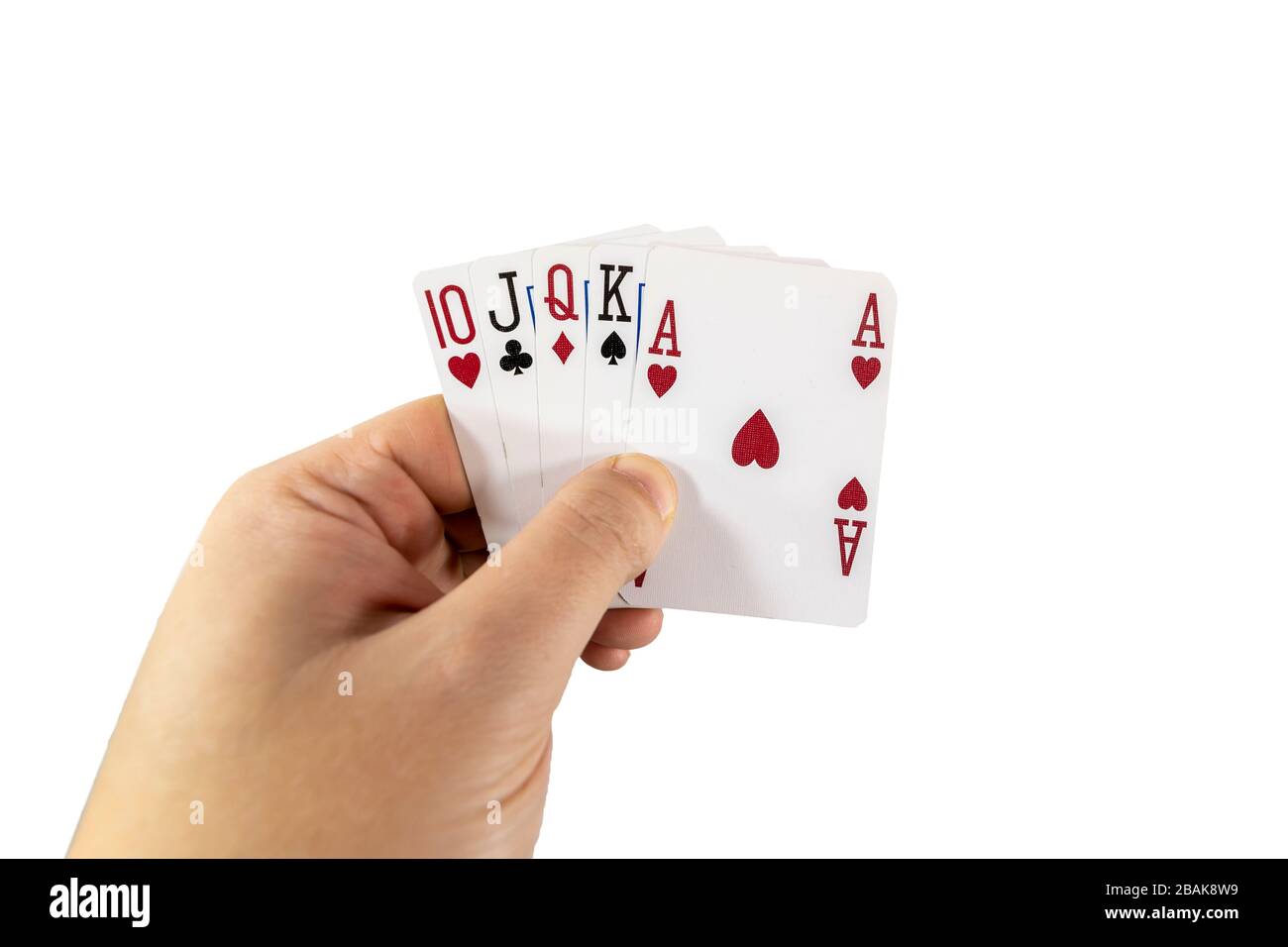 POV-Ansicht eines Mannes, der Spielkarten in seinen Händen hält, isoliert auf weißem Hintergrund. Spielkonzept. Stockfoto