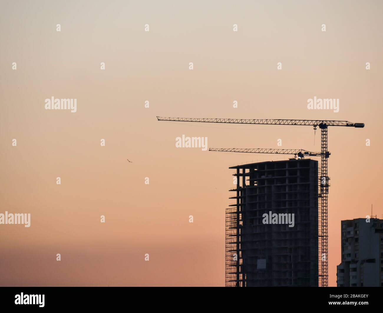 Bau- und Ski-Scraper-Gebäude und Kran gegen bunten Himmel mit Sonne. Baukonzept. Stockfoto