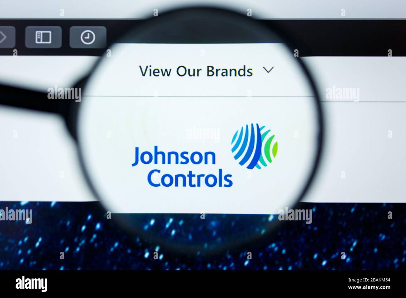 Los Angeles, Kalifornien, USA - 12. Juni 2019: Illustrative Editorial der Johnson Controls Website Homepage. Johnson Controlslogo sichtbar auf dem Display Stockfoto
