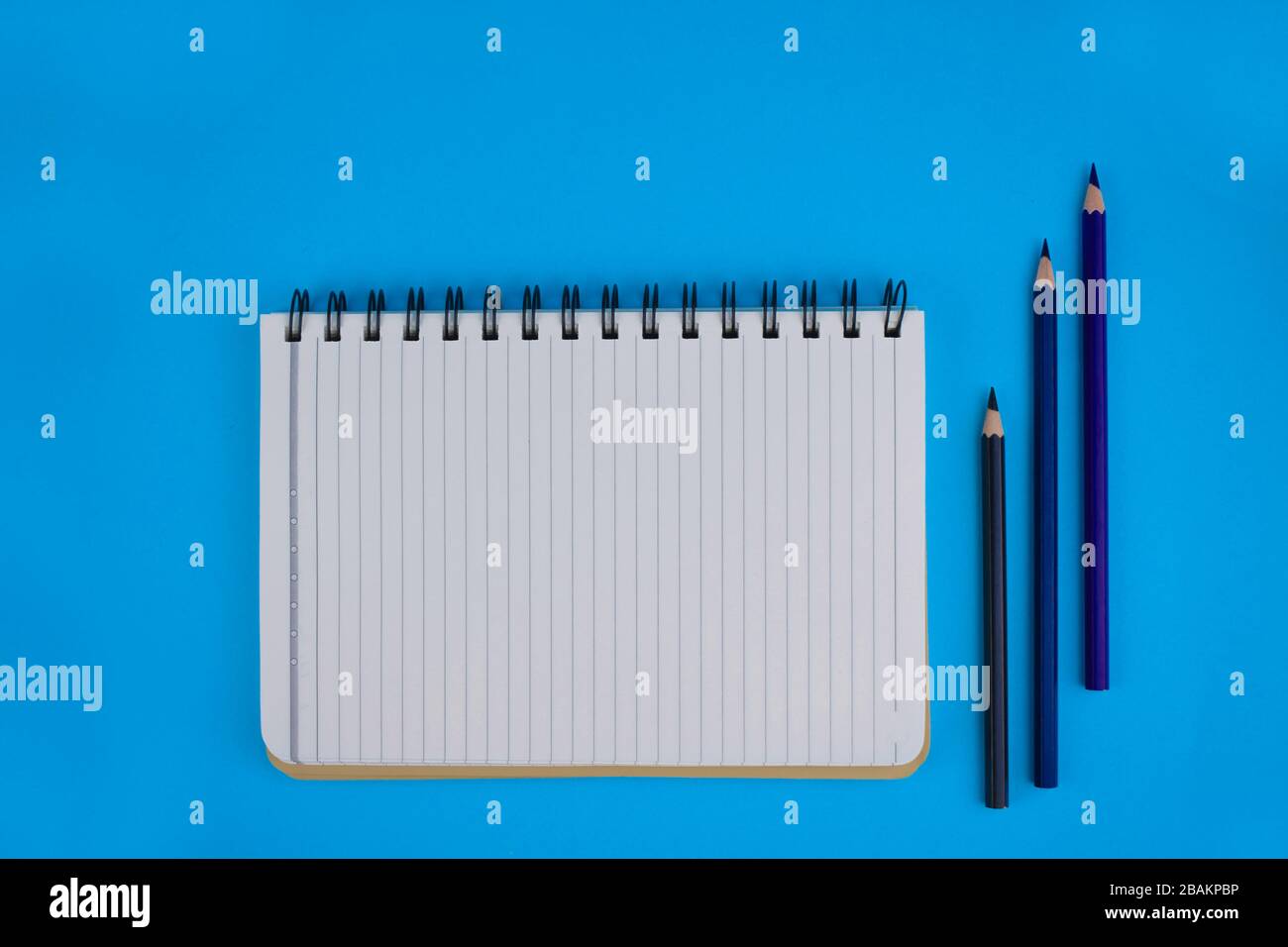 Ein geöffnetes weißes Papiertagebuch neben drei Bleistiftkrebsen aus Holz über einem blauen Papierhintergrund Stockfoto