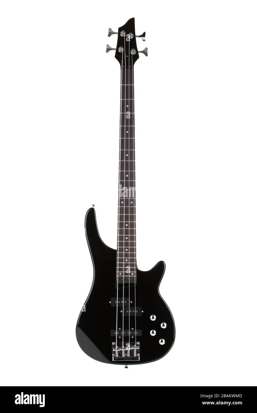 Schwarze E-Bassgitarre isoliert auf weiß mit Clipping-Pfad Stockfoto