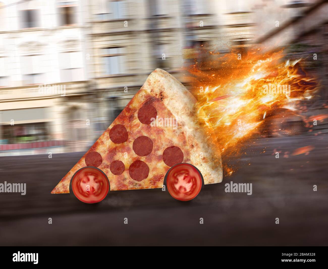Pizza mit Tomatenrädern wird schnell und heiß geliefert - 3D-Illustration Stockfoto