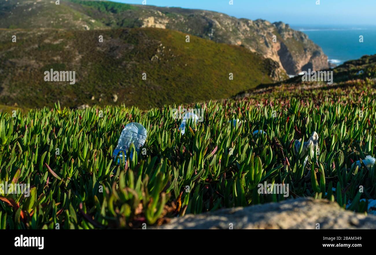 Plastikflaschen, die von Touristen auf dem Cabo da Roca zurückgelassen wurden. Stockfoto