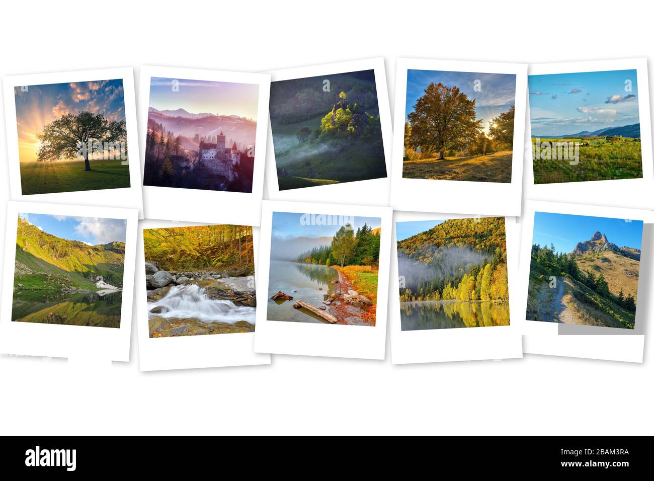 Fotocollage mit Naturlandschaftsfotos. Berge, Seen, Bäume, Sonnenuntergänge. Foto-Konzept Stockfoto