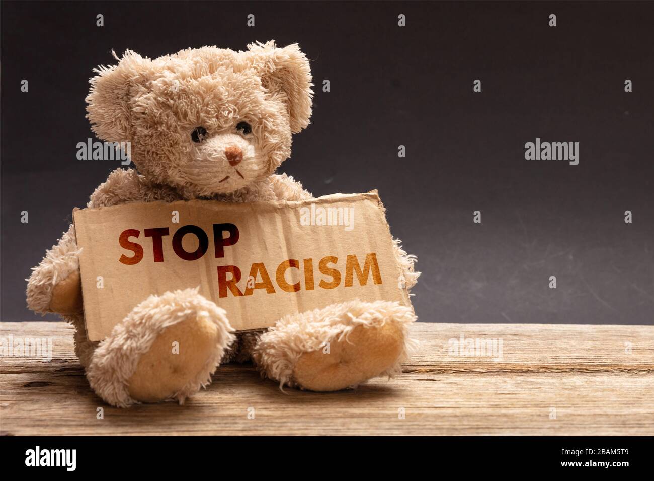Stoppen Sie Rassismus. Arme obdachlose Kinder betteln. Teddybär, der ein Pappschild hält. Nein zur Rassismus-Botschaft Stockfoto