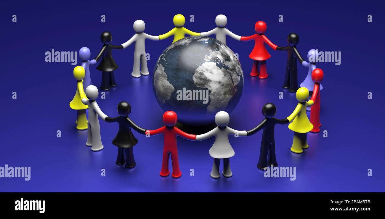 Solidaritätskonzept. Bunte menschliche Figuren, die die Hände im Kreis um den Erdglobus halten, blauer Hintergrund. Stoppen Sie Rassismus, globale Unterstützung der Gemeinschaft. Stockfoto