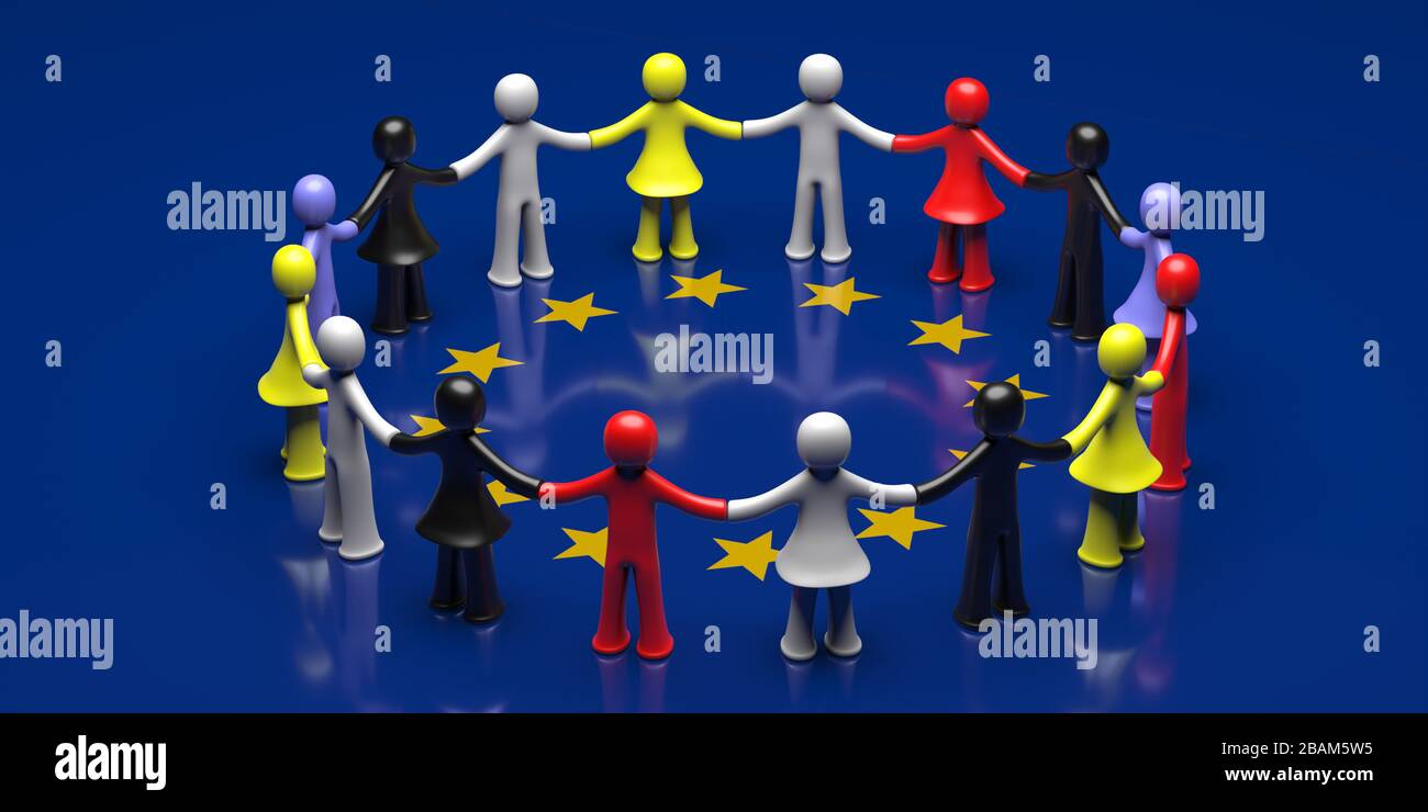 Solidarität für das Konzept der EU. Bunte Persönlichkeiten, die im Kreis die Hände auf dem Fahnenhintergrund der Europäischen Union halten. Stoppen Sie Rassismus, die globale Gemeinschaft unterstützt EUR Stockfoto