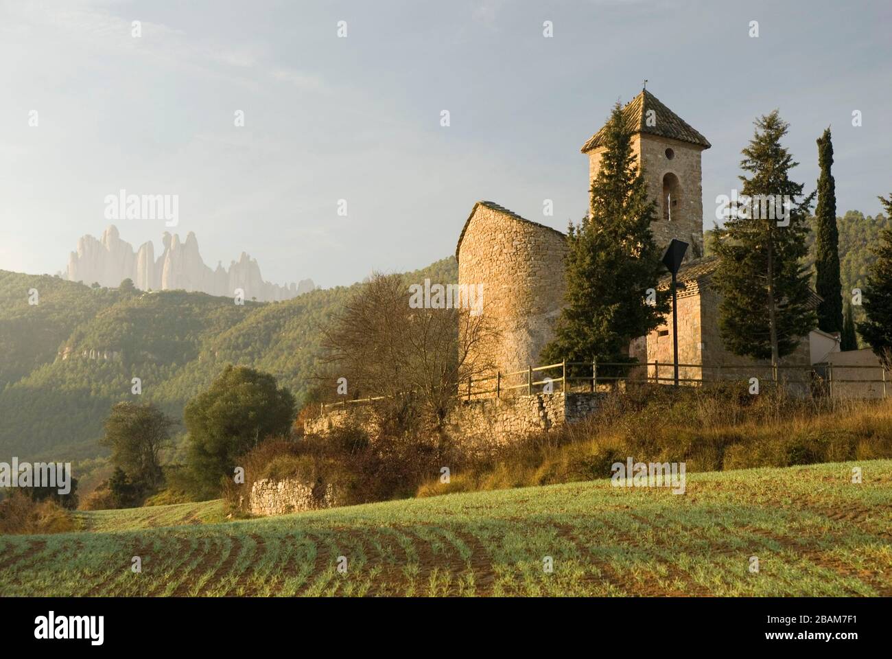 Esglesia de Sant Esteve, Marganell, Montserrat, Katalonien, Europa Stockfoto