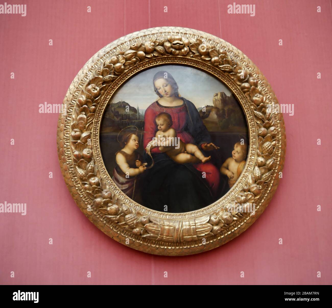 Eine der 6 Raphael Madonnas in der Gemeldegalerie, der Nationalgalerie in Berlin Deutschland. Das ist die Jungfrau Maria mit dem heiligen Johannes und einem Heiligen für Kinder Stockfoto