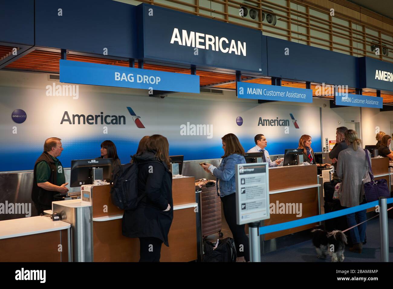 Portland, OR, USA - 16. Februar 2020: Passagiere überprüfen ihre Baggages am Check-in-Schalter von American Airlines am internationalen Flughafen von Portland. Stockfoto