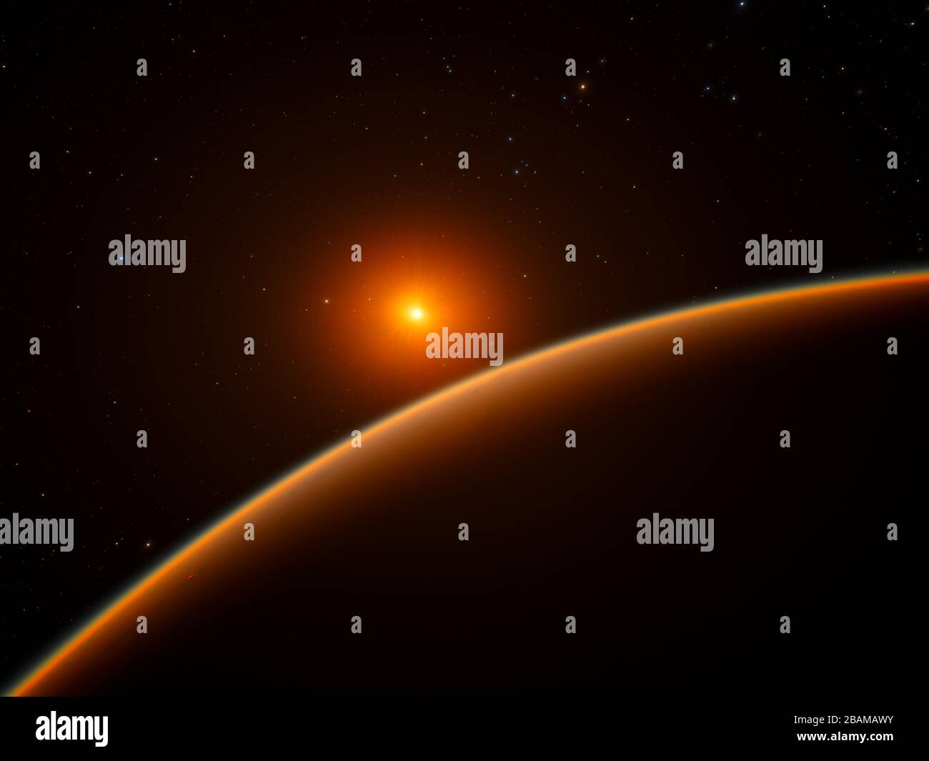 "English: Dieser Eindruck des Künstlers zeigt den Exoplaneten LHS 1140b, der 40 Lichtjahre von der Erde entfernt einen roten Zwergstern umkreist und der neue Inhaber des Titels "Best Place to Look for Signs of Life Beyond the Solar System" sein kann. Mit dem HARPS-INSTRUMENT von ESO in La Silla und anderen Teleskopen auf der ganzen Welt entdeckte ein internationales Team von Astronomen diese Supererde, die in der bewohnbaren Zone um den schwachen Stern LHS 1140 kreist. Diese Welt ist etwas größer und viel massiver als die Erde und hat wahrscheinlich den Großteil ihrer Atmosphäre behalten.; 19. April 2017, 19:00 Uhr; https://www.eso.org/publi Stockfoto