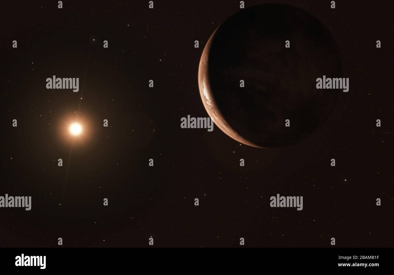 "Englisch: Der nächste einzelne Stern zur Sonne beherbergt einen Exoplaneten mindestens 3,2 Mal so massiv wie die Erde - eine sogenannte Supererde. Daten aus einer weltweiten Reihe von Teleskopen, darunter das ESO-Instrument zur Planetenjagd, haben diese gefrorene, schwach beleuchtete Welt enthüllt. Der neu entdeckte Planet ist der zweitnächste bekannte Exoplanet der Erde und umkreist den am schnellsten beweglichen Stern am Nachthimmel. Dieses Bild zeigt den Eindruck eines Künstlers über den Exoplaneten aus dem All.; 14. November 2018, 19:00 Uhr; der Eindruck des Künstlers von der Supererde, die Barnards Stern umkreist; ESO/M. Kornmesser; ' Stockfoto