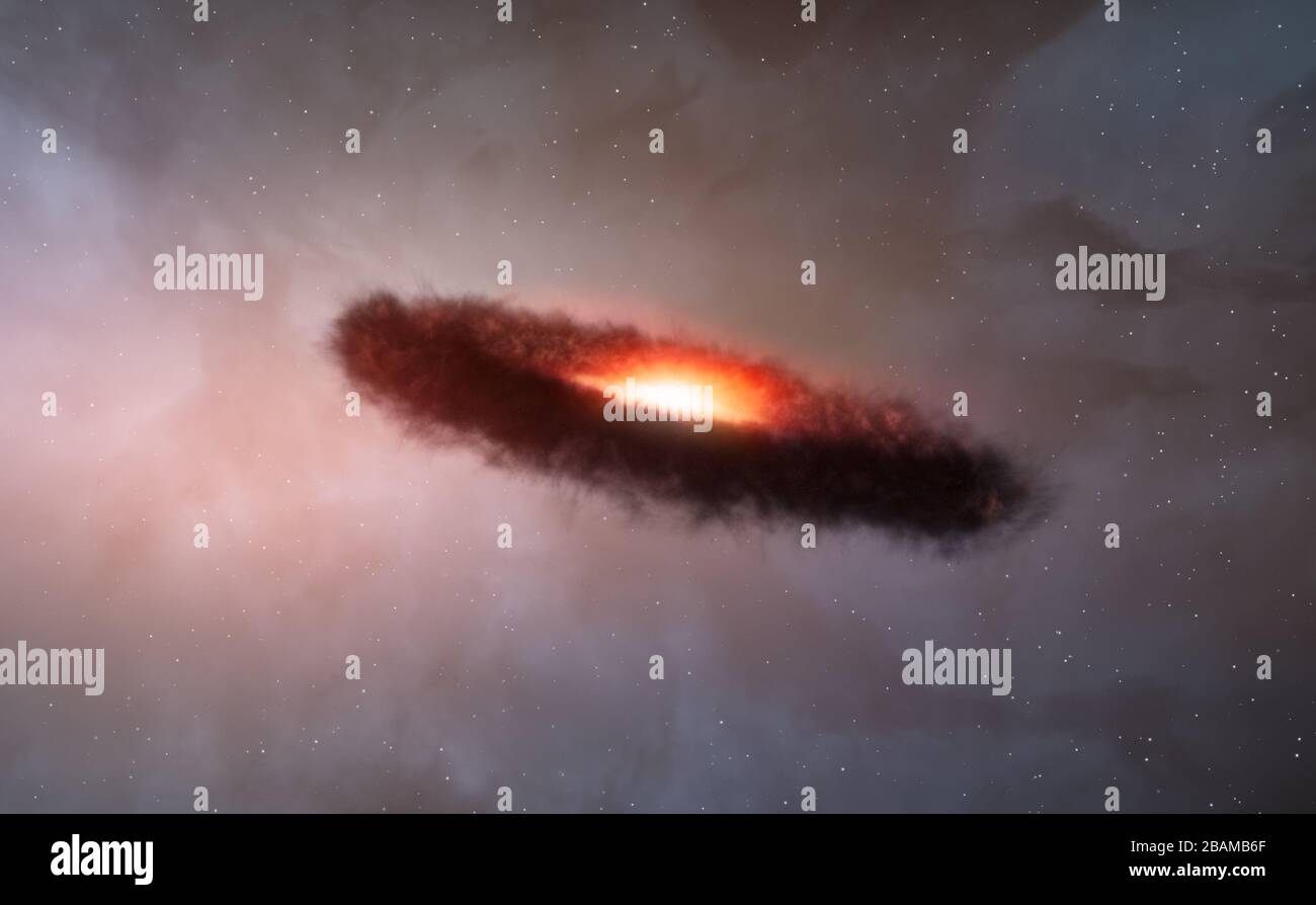 "Englisch: Felsige Planeten werden durch die zufällige Kollision entstehen und zusammenhängen von den zunächst mikroskopisch kleinen Teilchen in der Materialscheibe um einen Stern. Diese winzigen Körner, die als kosmischer Staub bezeichnet werden, ähneln sehr feinem Ruß oder Sand. Astronomen, die das Atacama Large Millimeter/Submillimeter Array (ALMA) verwenden, haben zum ersten Mal herausgefunden, dass die äußere Region einer staubigen Scheibe einen braunen Zwerg umkreist - einen sternartigen Gegenstand, aber einen zu kleinen, der hell wie ein Stern glänzt - Enthält auch millimetergroße feste Körner, wie sie in dichteren Scheiben um neugeborene Sterne gefunden werden. Die Stockfoto