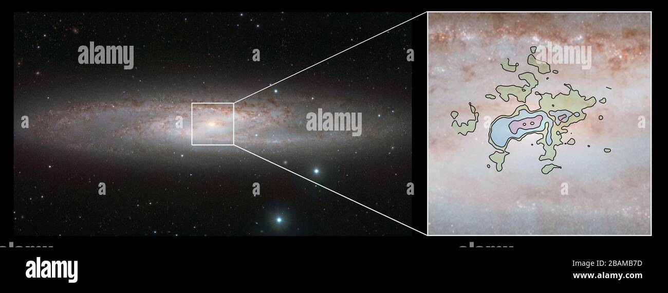 "English: Dieses Vergleichsbild der nahe gelegenen Bright-Spiral-Galaxie, die auch als Sculptor Galaxy bezeichnet wird, zeigt die Infrarotansicht des Vista Telescope (links) von ESO und eine detaillierte neue Ansicht der Kaltgasabflüsse bei Millimeterwellenlängen von ALMA (rechts).; 24. Juli 2013, 19:00:00; http://www.eso.org/public/images/eso1334b/; ESO/ALMA (ESO/NAOJ/NRAO)/J. Emerson/VISTA; ' Stockfoto