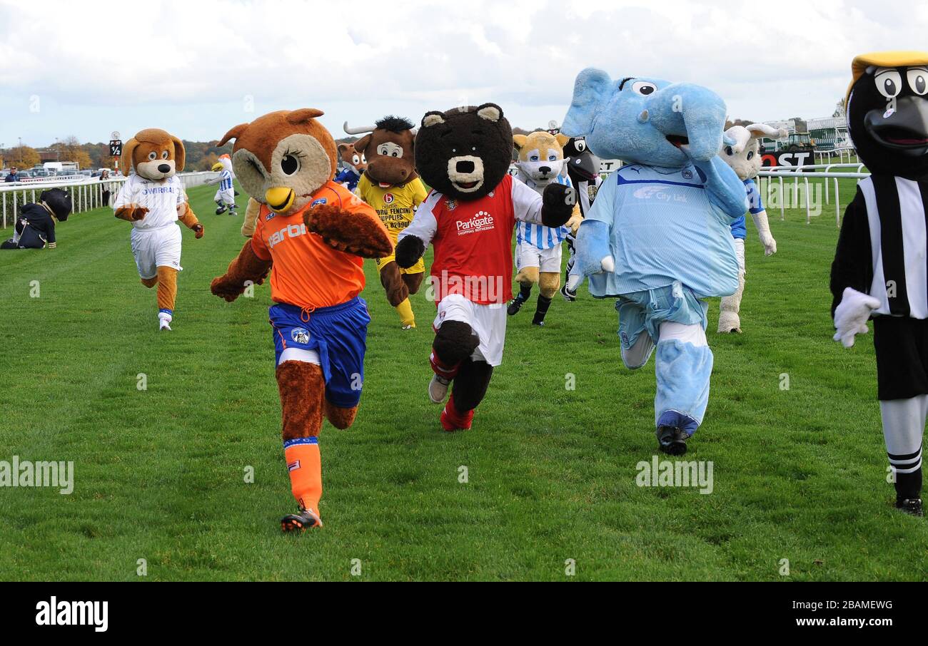 Oldham Athletic AFC's Chaddy Owl (links), Rotherham Utds Miller Bear (Mitte) und Sky Blue Sam (rechts) des FC Coventry City im Rahmen des Masscot Race der Football League zur Unterstützung von Prostatakrebs UK im Einsatz. Stockfoto