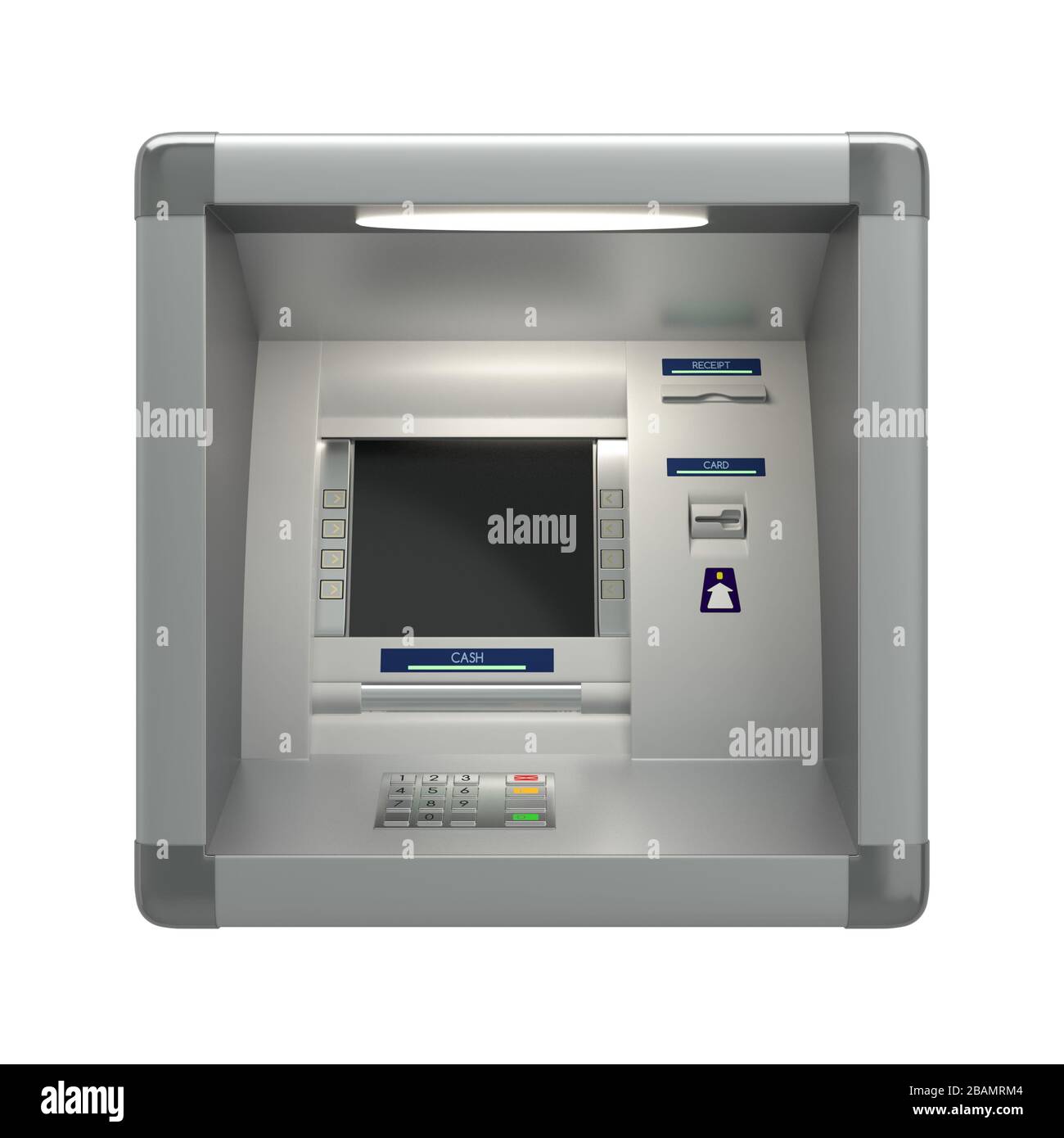Geldautomat an der Wand isoliert auf weißem Hintergrund Stockfoto