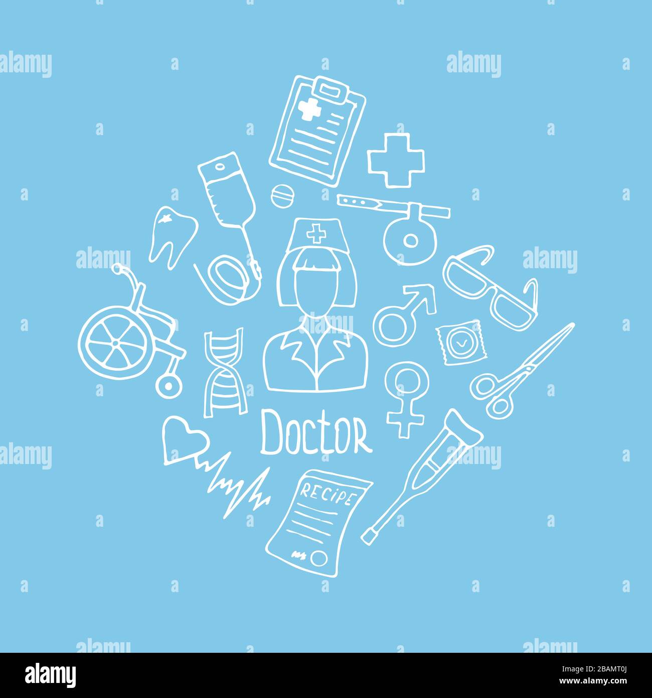 Doodle Medicine Symbol für Ihr Design. Handgezeichnete Gesundheitspflege, Apotheke, medizinische Cartoon-Ikonen-Sammlung. Medizinische Symbole. Vektorgrafiken. Stock Vektor