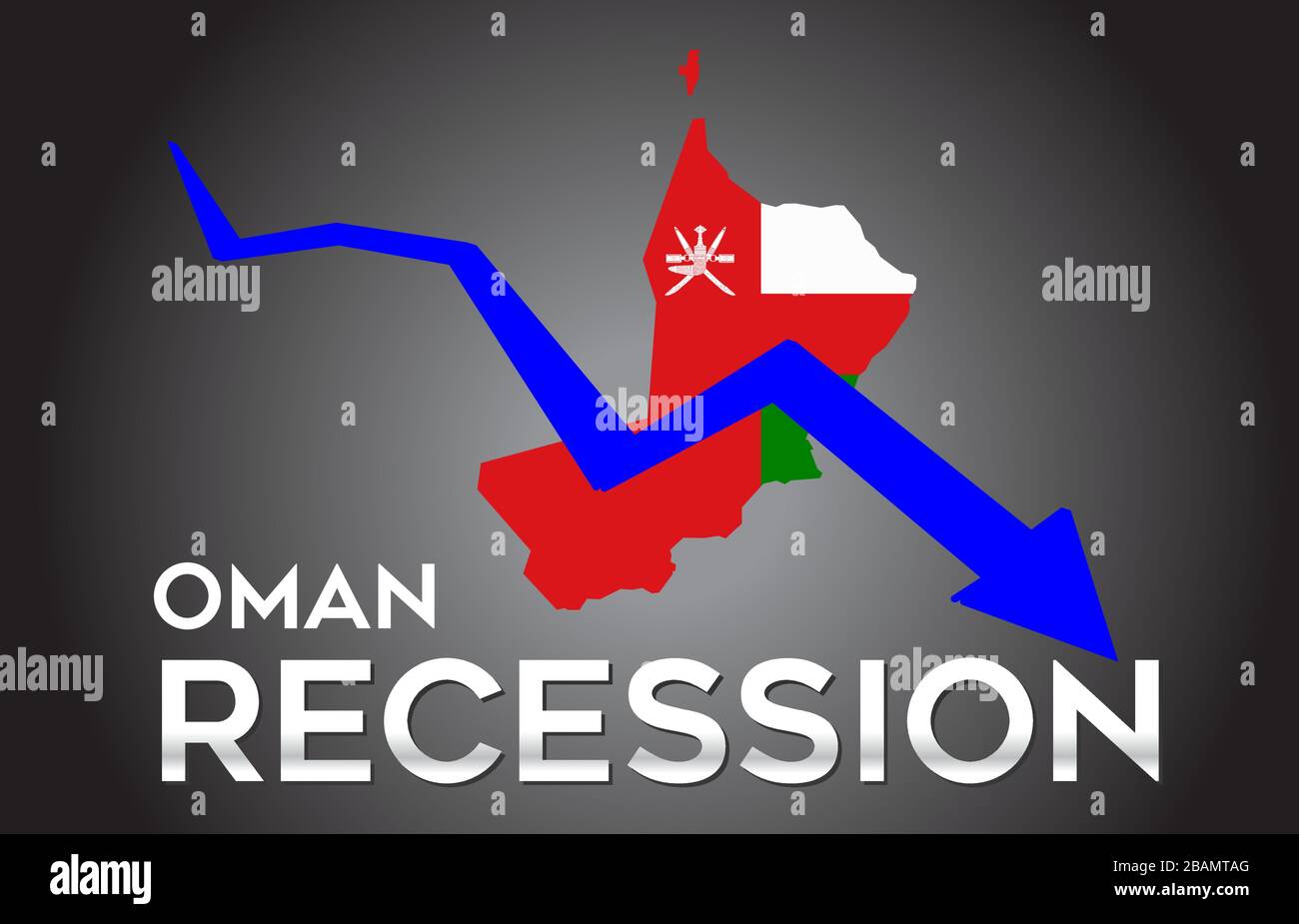 Karte der Oman Rezession Wirtschaftskrise Kreatives Konzept mit Economic Crash Arrow Vector Illustration Design. Stock Vektor