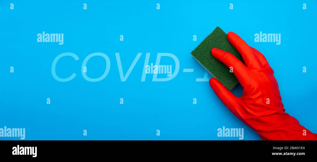 Konzeptbild der Hand aus rotem Gummi schützender Handschuhhalter mit grünem Faserreinigungen-Kovid-19-Text isoliert auf klassischem blauem Hintergrund Stockfoto