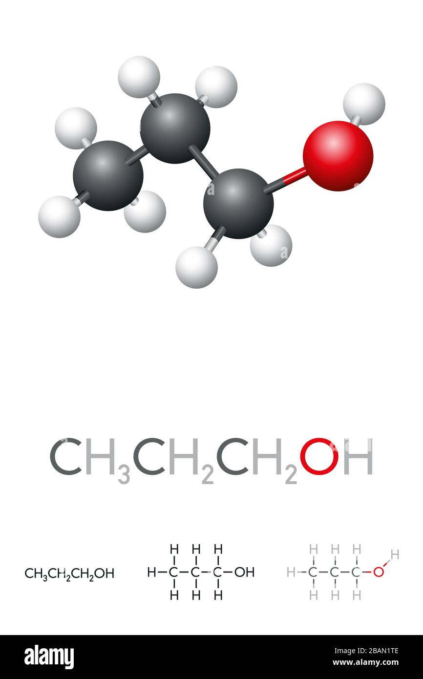 Propanol, CH3CH2CH2OH, n-Propanol, Molekularmodell und chemische Formel. PrOH ist ein primärer Alkohol, Desinfektionsmittel und Lösungsmittel. Stockfoto