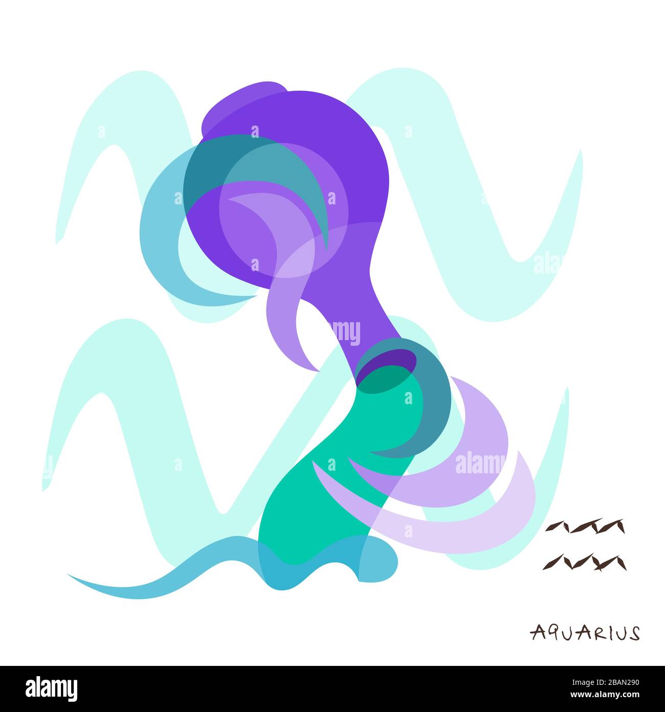 Aquarius ist ein Sternzeichen. Künstlerische, farbige, gezeichnete Abbildung des Tierkreises Aquarius mit Symbol und Sternenschema im Aquarellstil auf einem weißen Bac Stockfoto