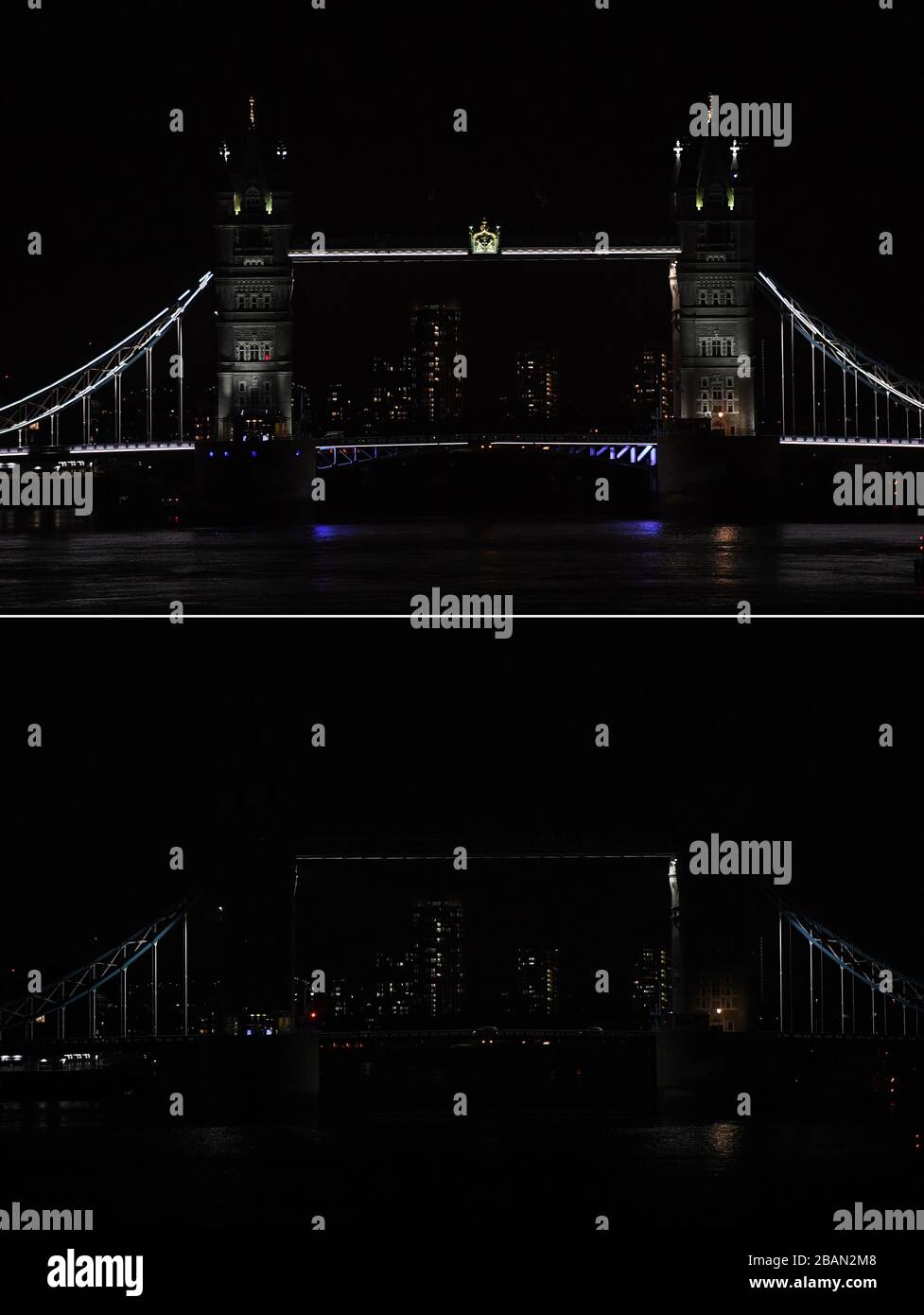 Zusammengesetztes Bild der Tower Bridge in London, vor und während der Earth Hour. Berühmte Gebäude und Strukturen sind zwischen 20.30 Uhr und 21.30 Uhr dunkel geworden, als Teil der internationalen Veranstaltung des WWF, um Maßnahmen zur Rettung des Planeten zu fordern. Stockfoto