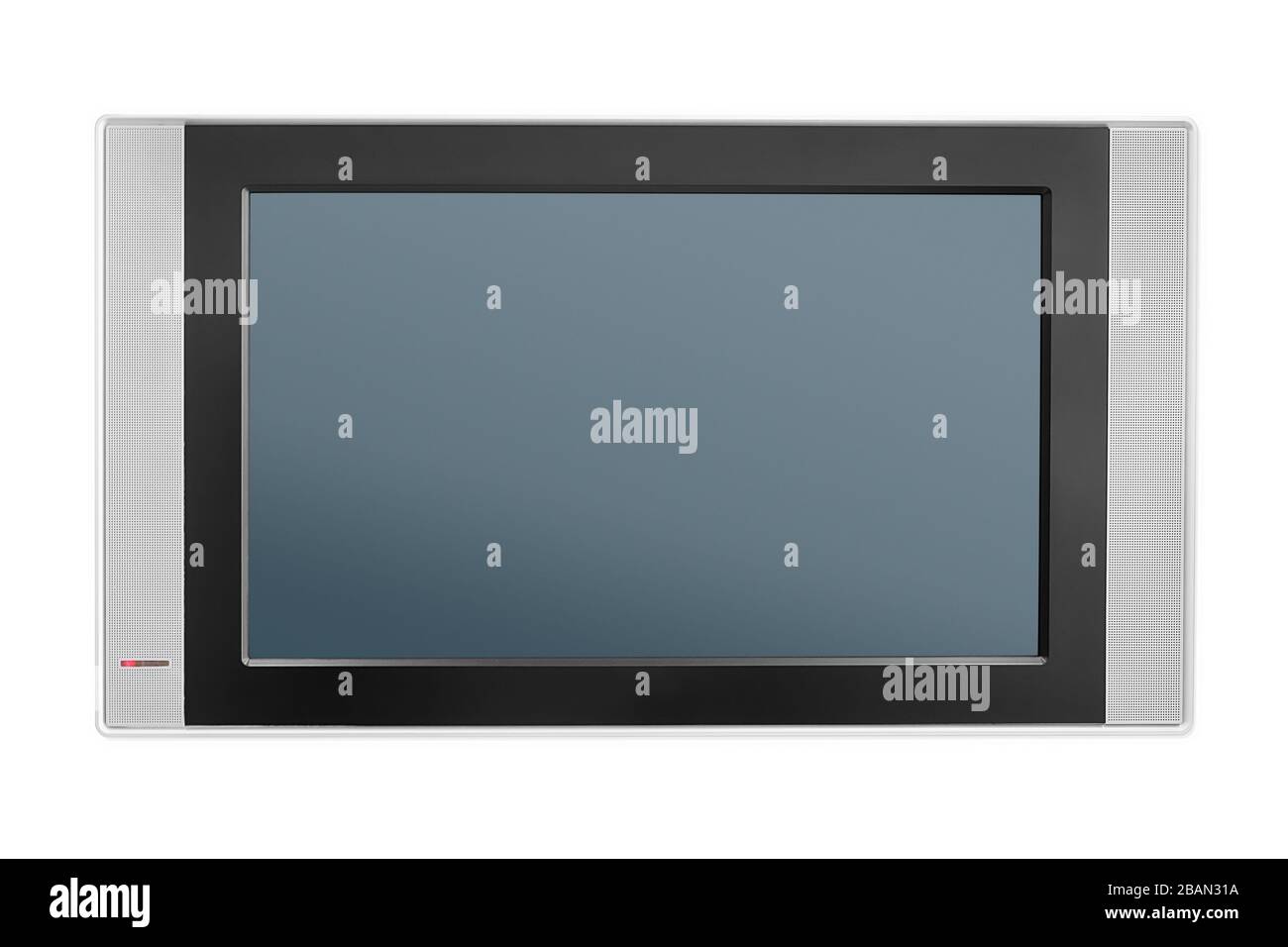 Moderner tv-Bildschirm mit Audiolautsprechern. Isoliert auf weiß, Beschneidungspfad enthalten. Frontalansicht Stockfoto
