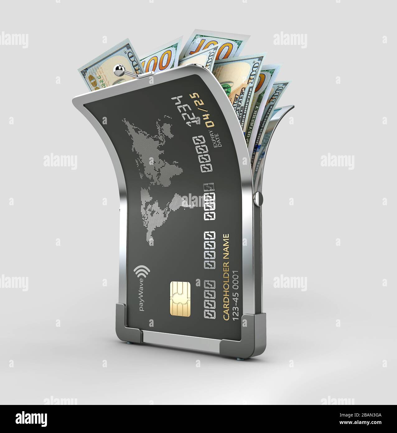 3D-Rendering offener Kreditkarten mit Dollars, Clipping-Pfad inbegriffen. Stockfoto