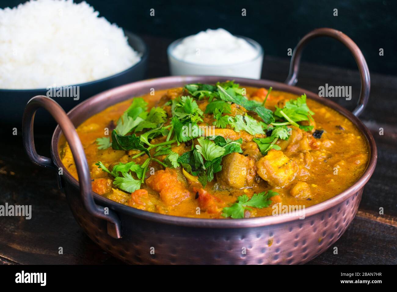 Geröstete Auberginen mit geräuchertem Cardamom und Kokosnussmilch: Curry aus Auberginen mit Minze und Cilantro mit Basmati-Reis und Joghurt in der Stockfoto