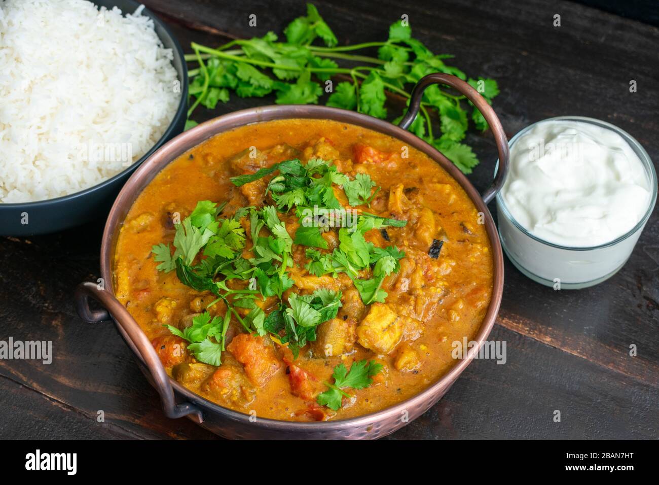 Geröstete Auberginen mit geräuchertem Cardamom und Kokosnussmilch: Curry aus Auberginen mit Minze und Cilantro mit Basmati-Reis und Joghurt in der Stockfoto