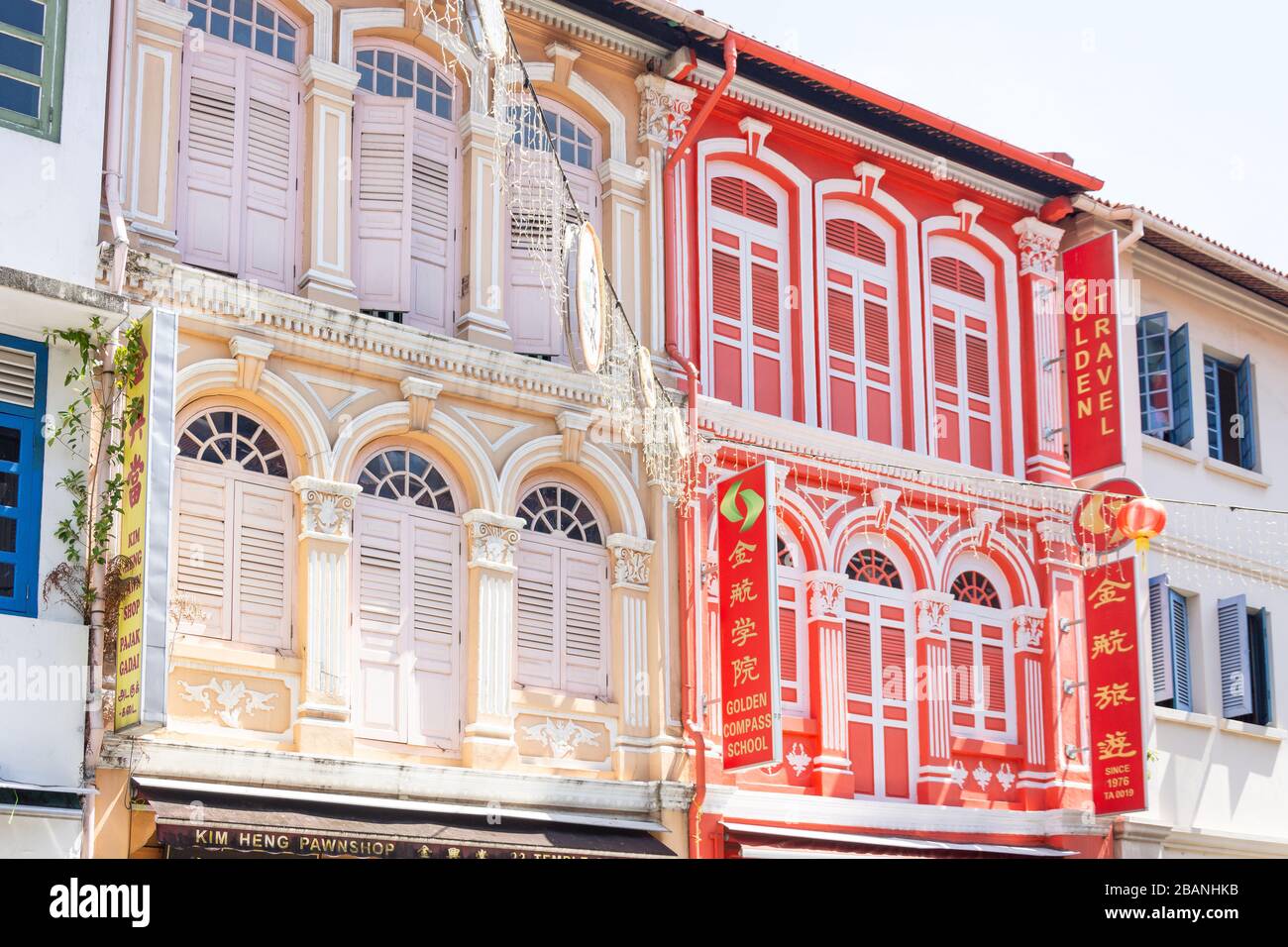 Kolonialshophouses, Temple Street, Chinatown, Central Area, Republik Singapur Stockfoto
