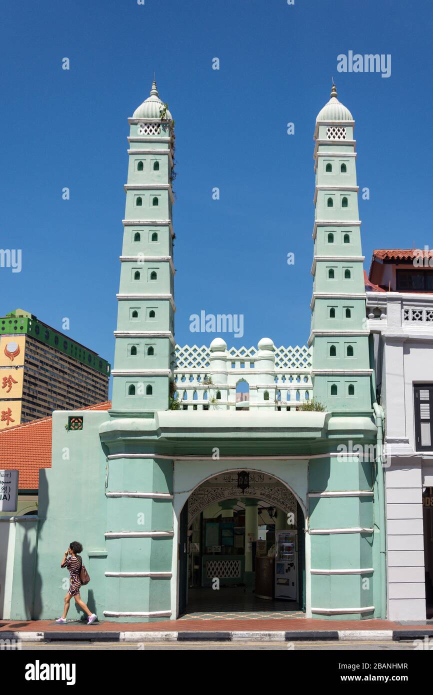 Eingang zur Masjid Jamae (Chulia) Moschee, South Bridge Road, Chinatown, Central Area, Singapore Island (Pulau Ujong), Singapur Stockfoto