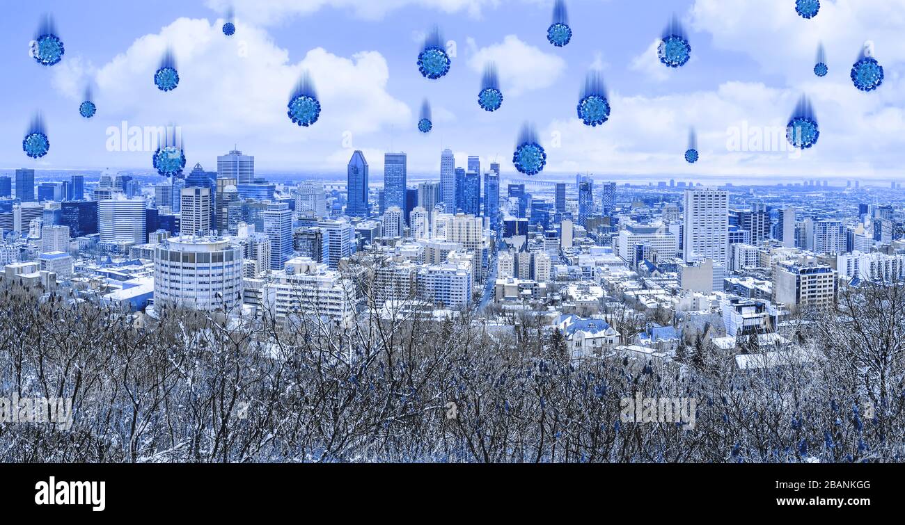 Montreal - nordamerikanische Stadt von Coronavirus angegriffen, allegorische Illustration. Kanadische Metropole bei vollständiger Pandemie des Corona-Virus. Quebec Provinc Stockfoto