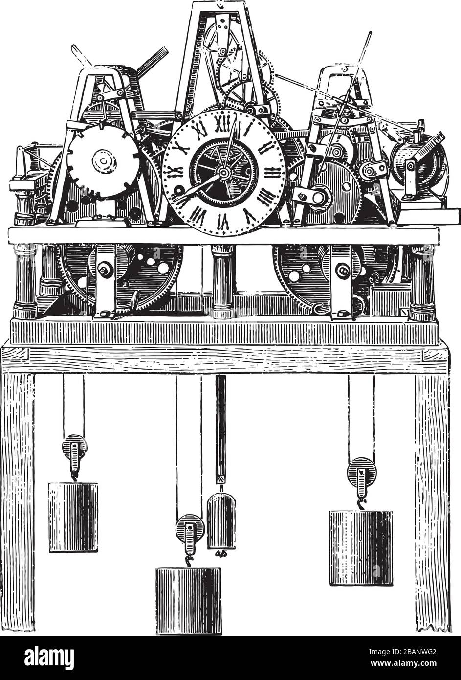 Gravity Powered Clock Vintage gravierte Linie Kunstzeichnung Schwarzweiß-Illustration Stock Vektor