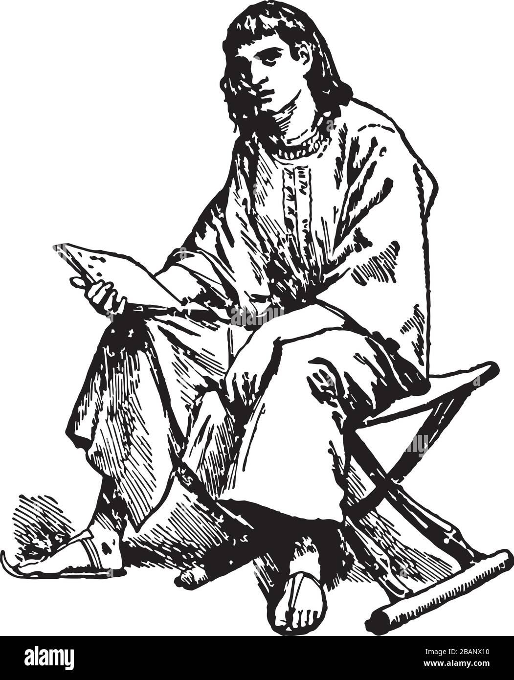 Student Scribe sitzt auf einem Hocker Vintage Line Art Illustration Stock Vektor