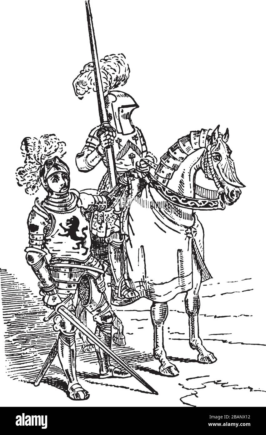 Mounted Knight und Squire Line Kunstzeichnung in Schwarzweiß Stock Vektor