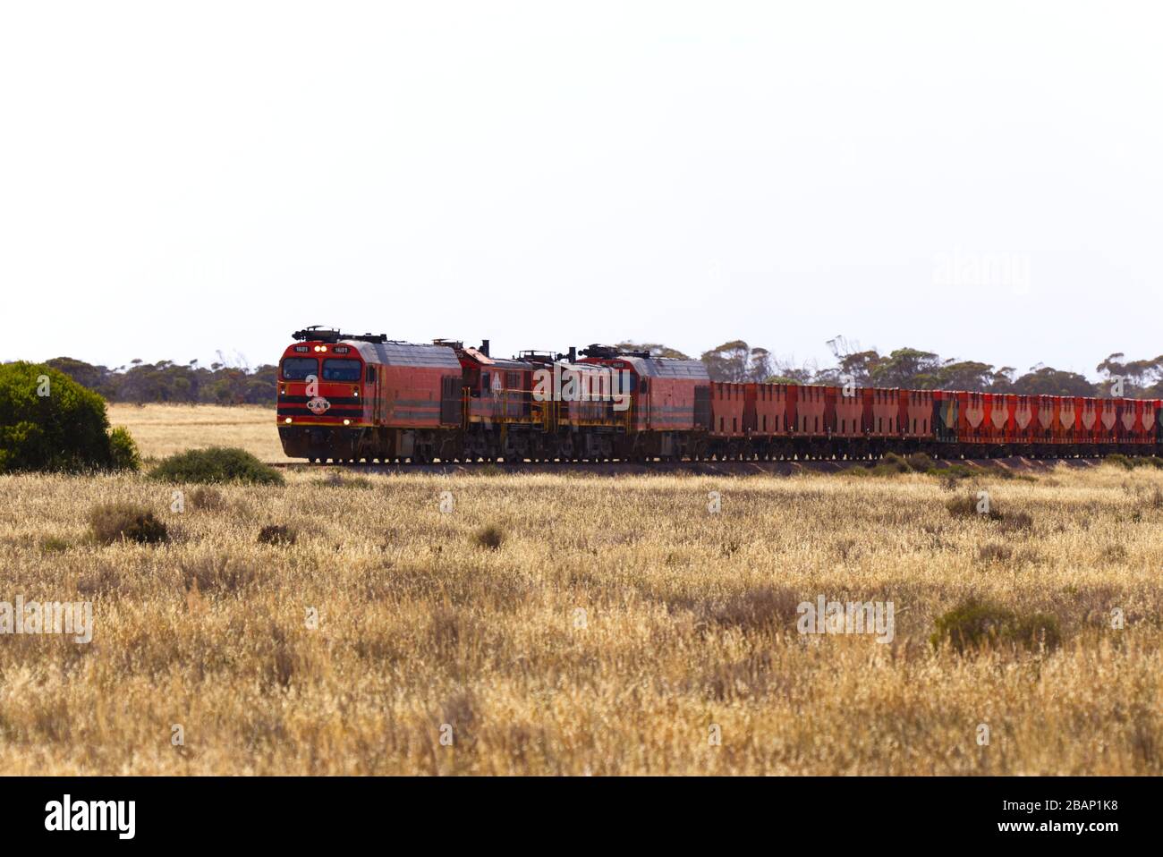 Güterzug, der Gips auf einer isolierten Strecke von Kevin nach Port Thevenard in der Nähe von Ceduna South Australia transportiert Stockfoto