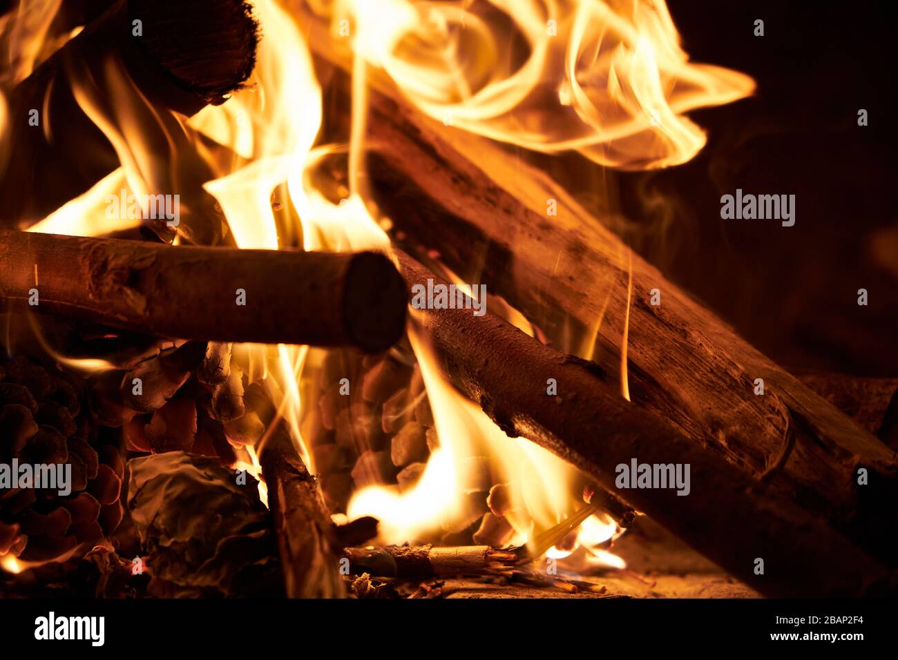 Ein Nahblick auf Brennholz und Pinekone, die auf dem Grill in Brand geraten Stockfoto