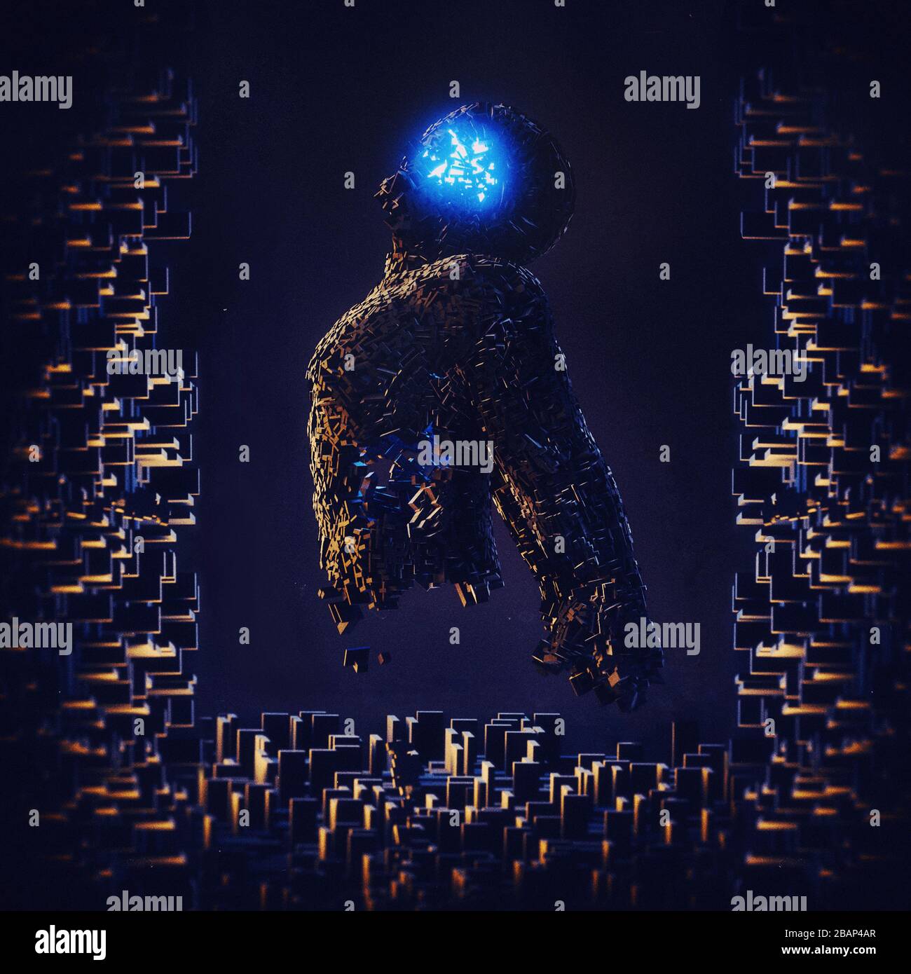 Abstrakte 3D-Rendering-Illustration eines leistungsstarken halbstrobotergeladenen und steigenden Roboters Stockfoto