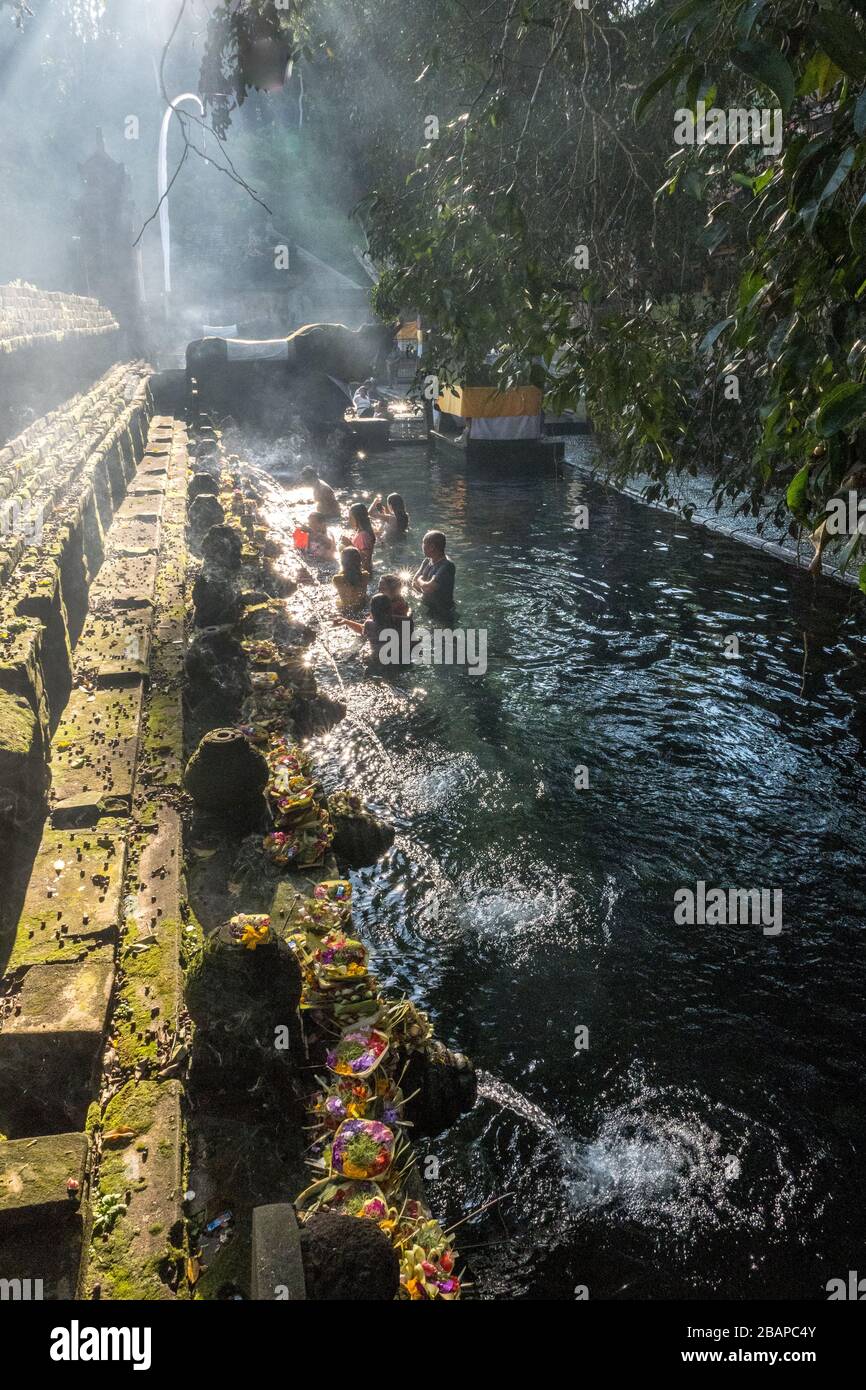 Balinesische Pilger baden im frühmorgendlichen Licht, Dampf und Nebel im hindubalinesischen Tempel heiligen Wasserbecken mit Familienmitgliedern und Kindern. Stockfoto