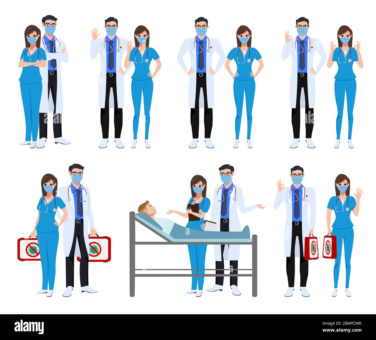 Konzeption des Zeichen-Vektor-Konzepts für medizinisches Personal. Covid-19 Krankenhausarzt und Krankenschwestern mit Corona-Virus-Patient und Heilmittel Stock Vektor