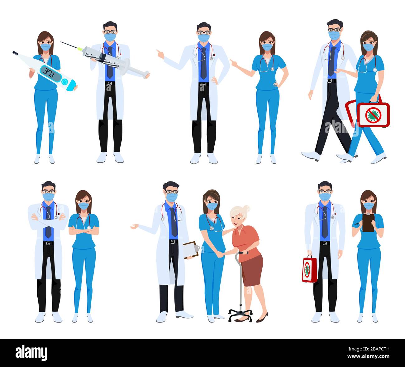 Konzeption des Zeichen-Vektor-Konzepts für medizinisches Personal. Covid-19 Krankenhausarzt und Krankenschwestern, die Corona-Virus bekämpfen und Impfstoff isoliert halten Stock Vektor