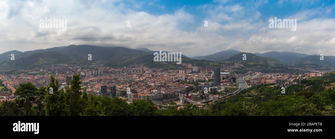 Blick auf die Skyline von Bilbao und den Fluss Nervion, vom Etxebarria-Park Stockfoto