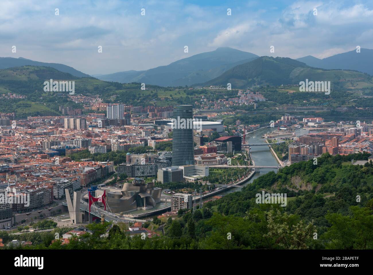 Blick auf die Skyline von Bilbao und den Fluss Nervion, vom Etxebarria-Park Stockfoto