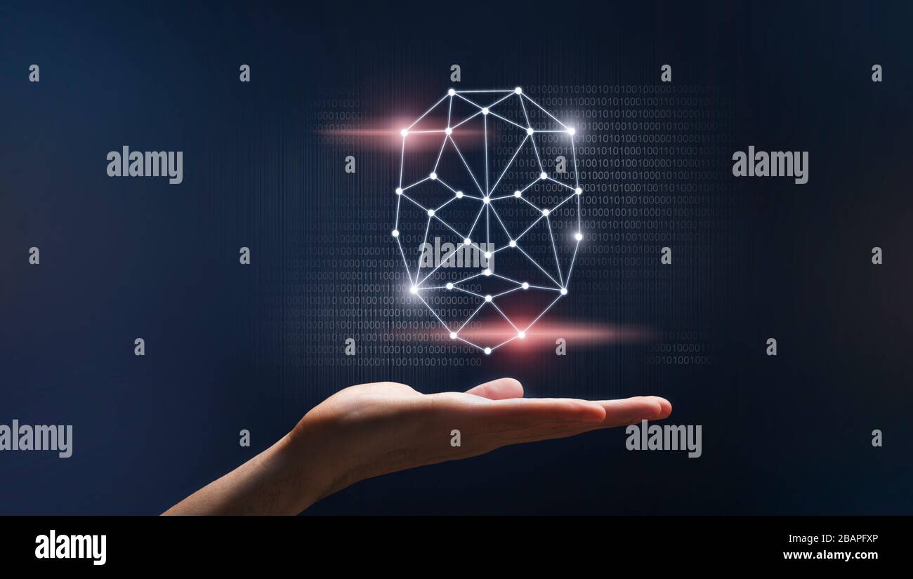Persönliche Sicherheit. Collage mit polygonalem menschlichem Gesicht über der Hand der Frau auf dunklem Hintergrund, Nahaufnahme Stockfoto