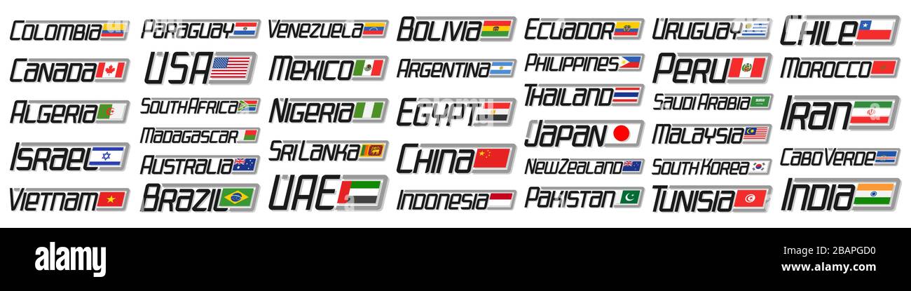 Vektor-Set aus amerikanischen und asiatischen Ländern Flags, 38 dekorative isolierte Zeichen mit nationalen Staatsflaggen und Originalbuchstaben für verschiedene Wörter, ind Stock Vektor