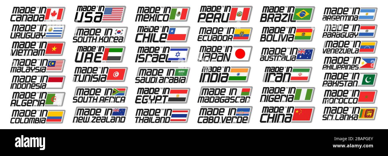 Vektor-Set aus amerikanischen und asiatischen Ländern Flags, 38 dekorative isolierte Zeichen mit nationalen Staatsflaggen und Originalbuchstaben für unterschiedliche Wörter Stock Vektor