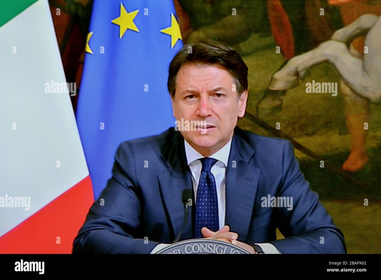 Die Pressekonferenz des Premierministers Giuseppe Conte, Corona Virus Covid 19, am 24. März 2020 - Rom Italien Stockfoto
