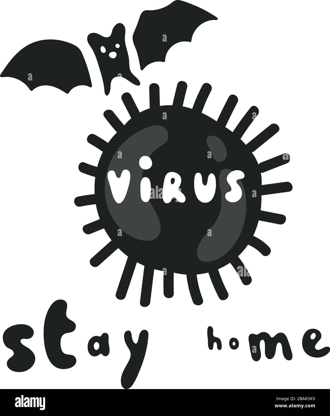 Cartoon-Fledermaus über Virus-Symbol isoliert auf weiß. Bleib zu Hause. Die Idee des interspezifischen Virus. Sprechblasen, Epidemie der Pneumonie. Bat Stock Vektor